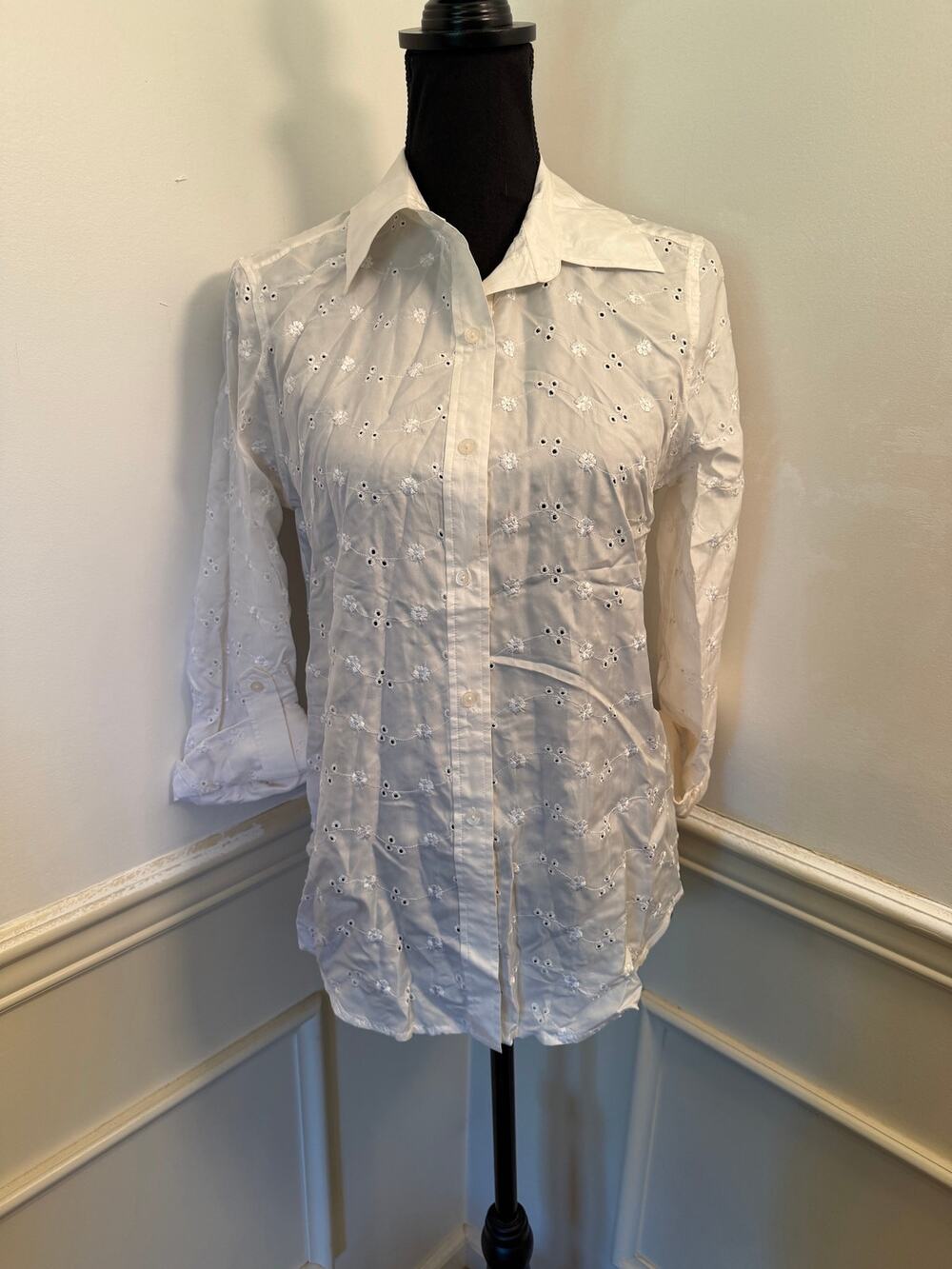 Vintage Allison Taylor 100% Silk White Eyelet Button-Up Blouse Coquette Coastal